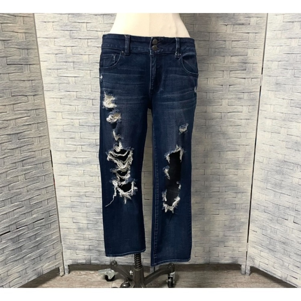 American Eagle Artist Crop Jeans Womens 12 Dark Wash Good Distressed Shredded X4 - Picture 3 of 7